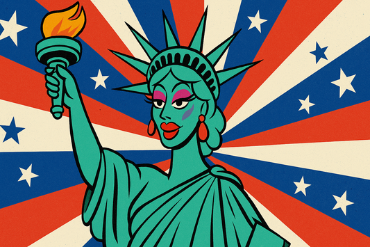Drag Statue of Liberty with red, white, and blue starburst background.