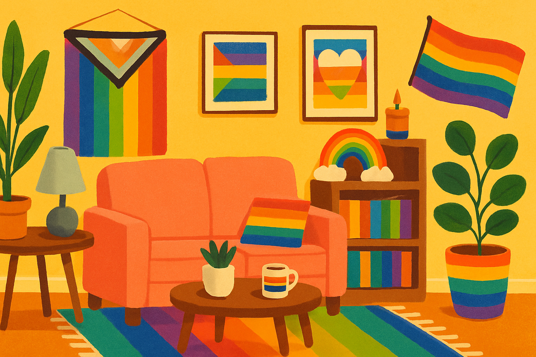 Colorful LGBTQ+ pride-themed living room with rainbow decor, inclusive flags, cozy furniture, and vibrant home accents in a joyful, queer-friendly space.