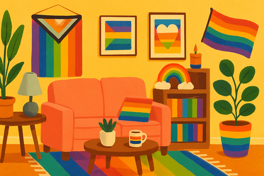 Colorful LGBTQ+ pride-themed living room with rainbow decor, inclusive flags, cozy furniture, and vibrant home accents in a joyful, queer-friendly space.