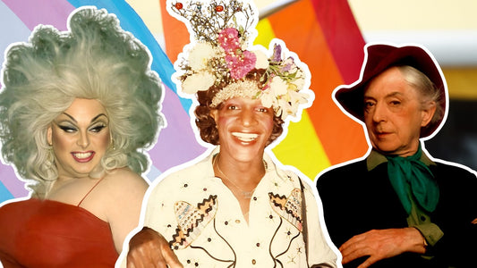 Collage of Divine, Marsha P. Johnson, and Quentin Crisp in vibrant outfits against a blended Pride and Trans flag background