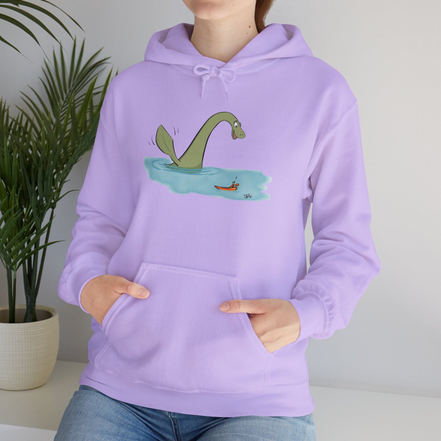 Illustrated Loch Ness Monster Says Hi | Unisex Heavy Blend™ Hooded Sweatshirt - Hoodie | A quirky, joy-filled design from Have Fun Spread Joy.