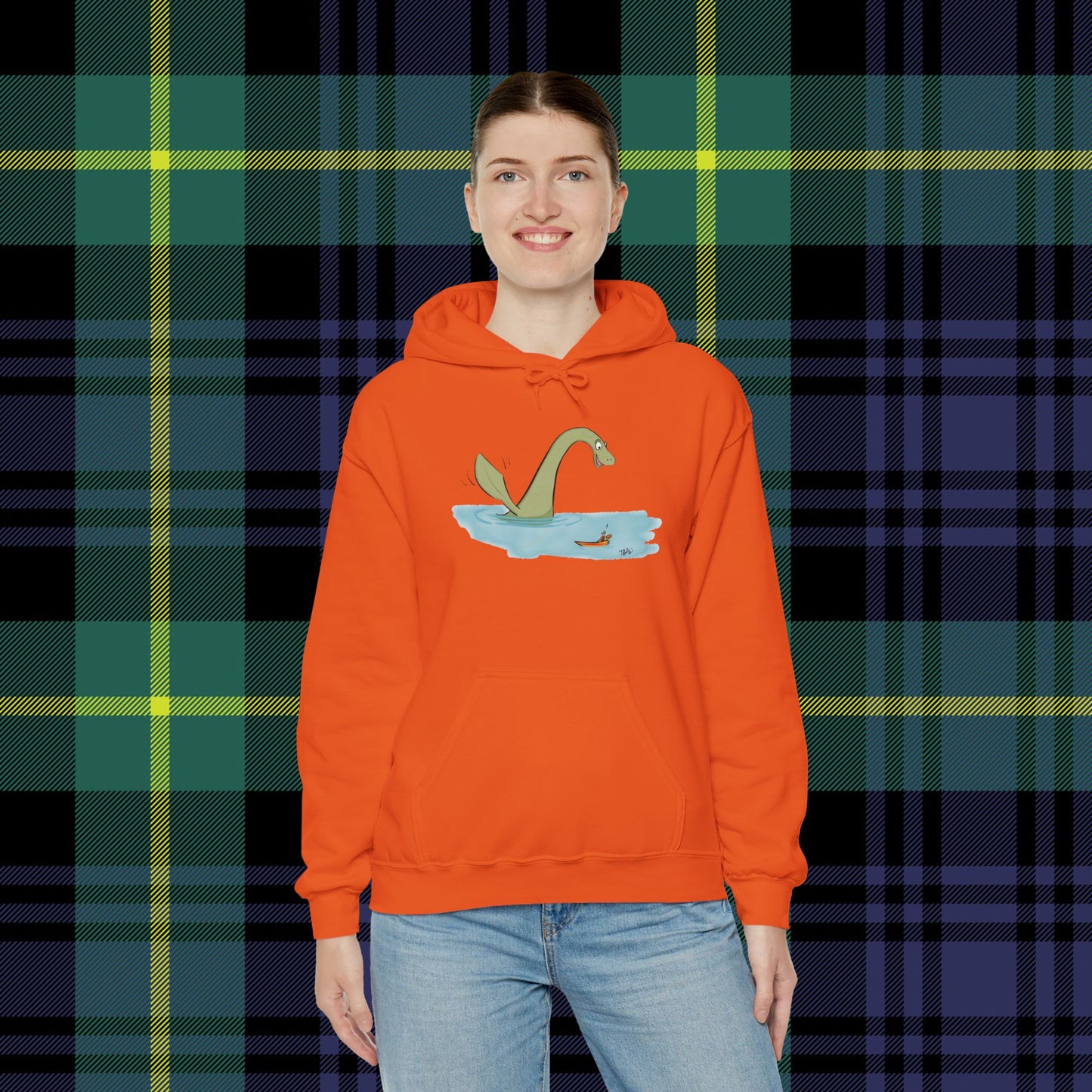 Illustrated Loch Ness Monster Says Hi | Unisex Heavy Blend™ Hooded Sweatshirt - Hoodie | A quirky, joy-filled design from Have Fun Spread Joy.