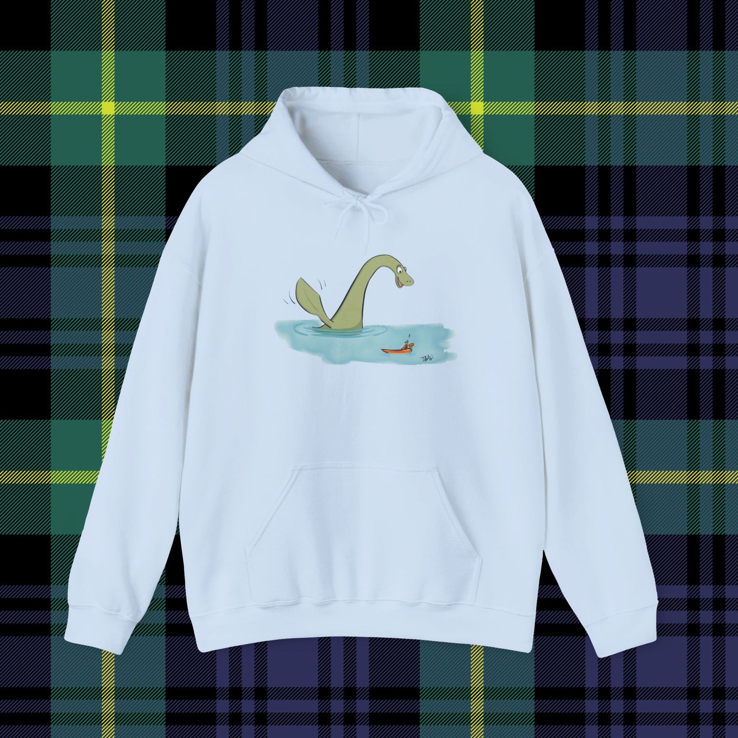 Illustrated Loch Ness Monster Says Hi | Unisex Heavy Blend™ Hooded Sweatshirt - Hoodie | A quirky, joy-filled design from Have Fun Spread Joy.