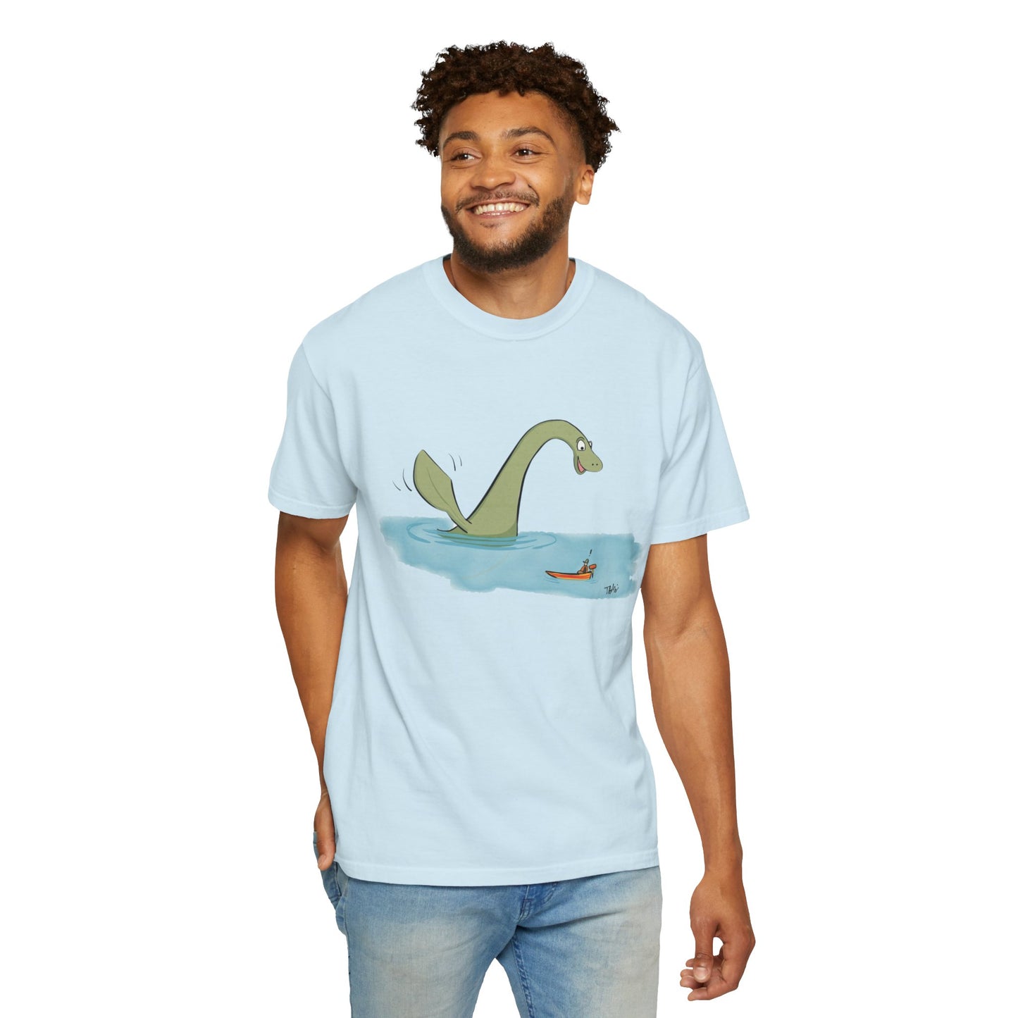 Loch Ness Monster Says Hi Illustrated | Unisex Garment-Dyed T-shirt