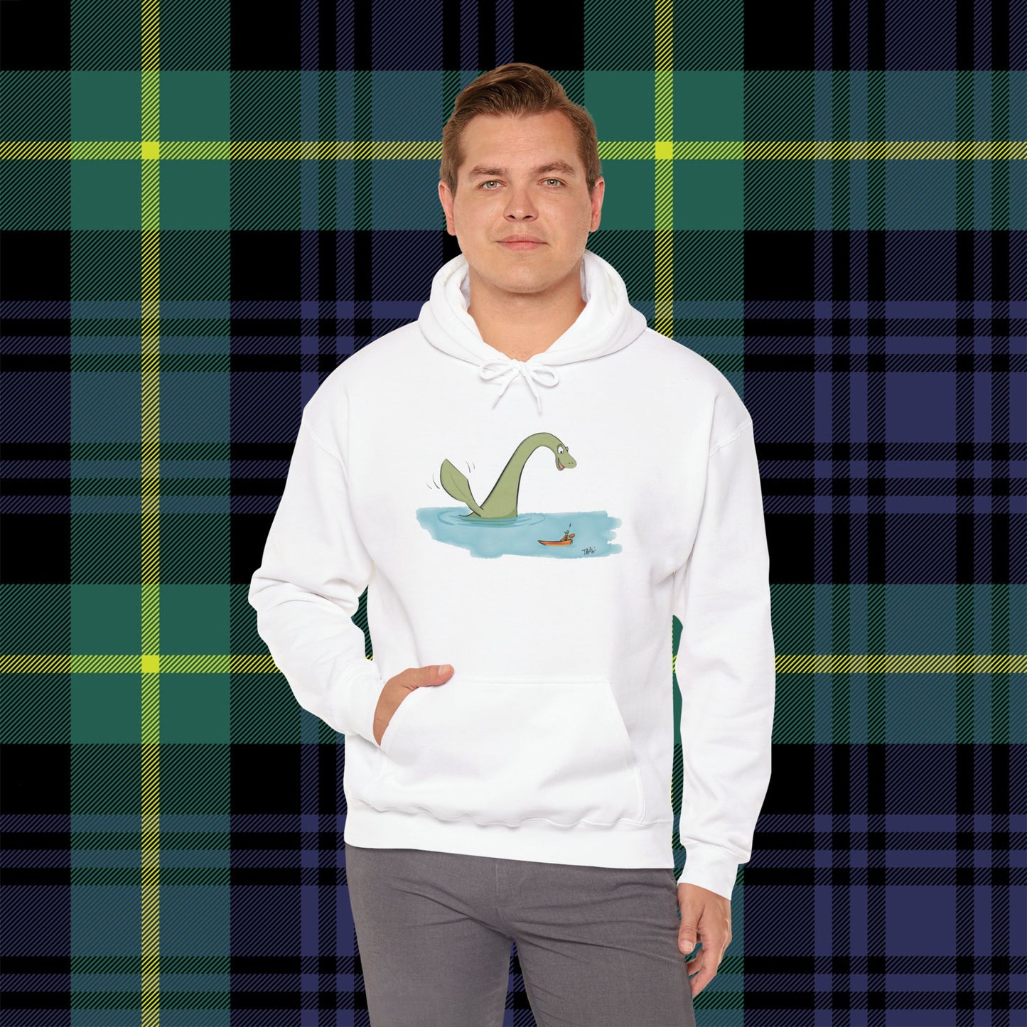 Illustrated Loch Ness Monster Says Hi | Unisex Heavy Blend™ Hooded Sweatshirt - Hoodie | A quirky, joy-filled design from Have Fun Spread Joy.