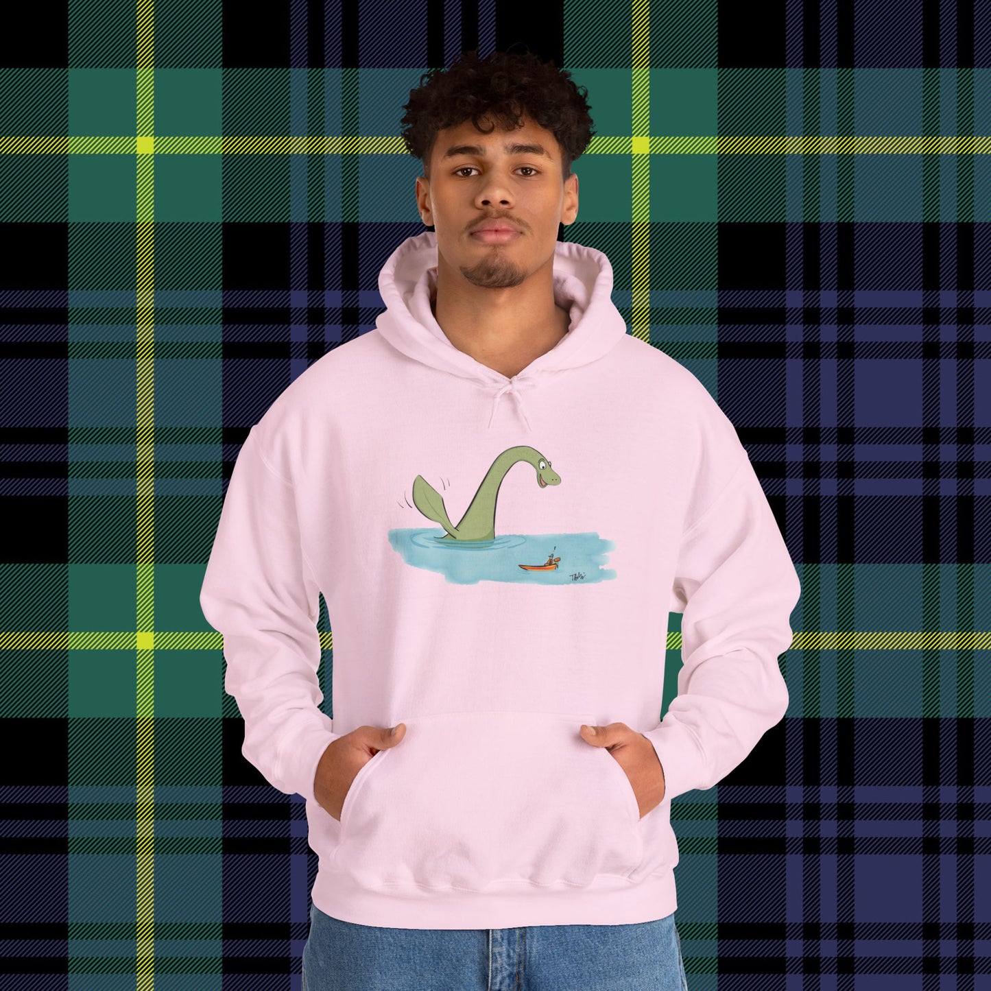 Illustrated Loch Ness Monster Says Hi | Unisex Heavy Blend™ Hooded Sweatshirt - Hoodie | A quirky, joy-filled design from Have Fun Spread Joy.