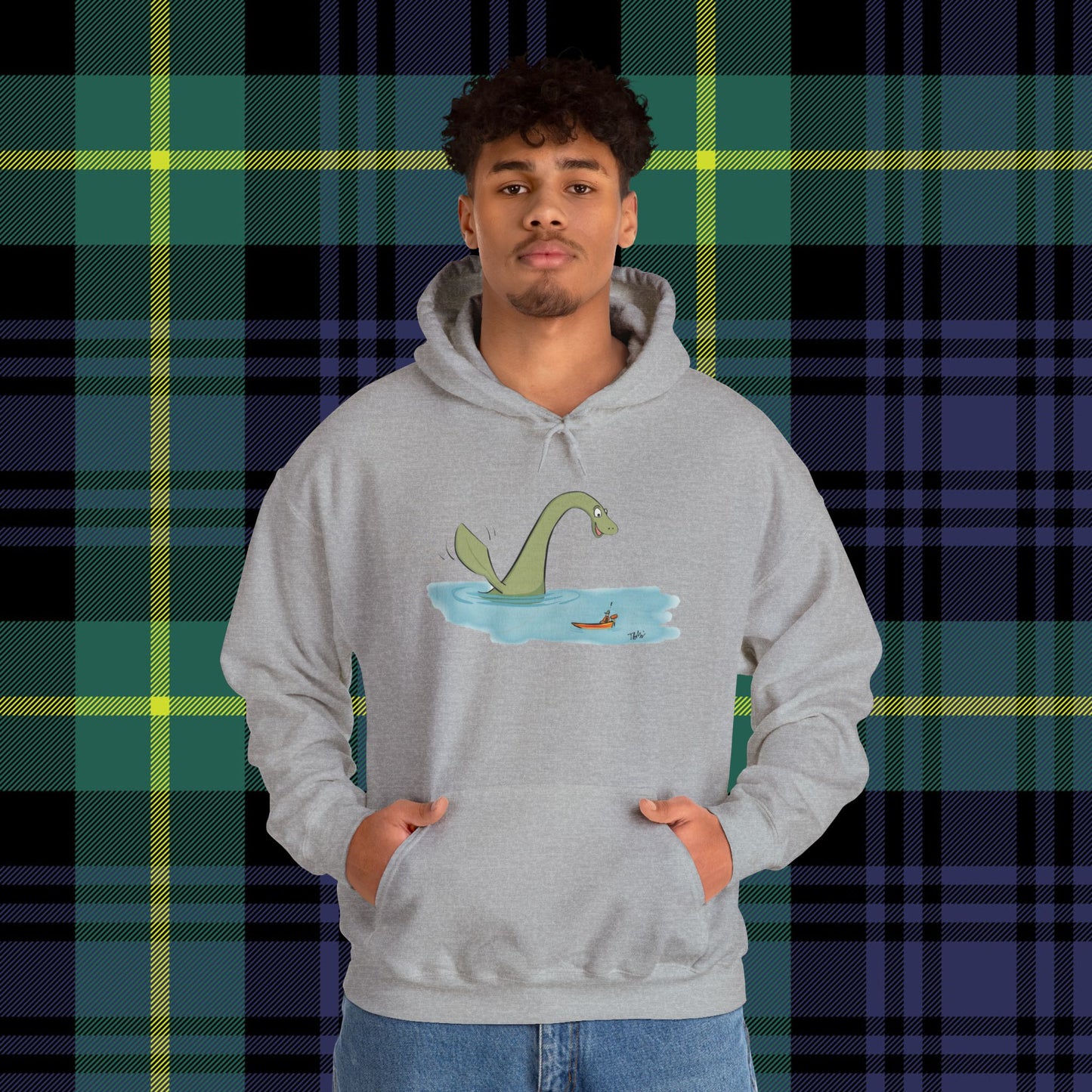 Illustrated Loch Ness Monster Says Hi | Unisex Heavy Blend™ Hooded Sweatshirt - Hoodie | A quirky, joy-filled design from Have Fun Spread Joy.