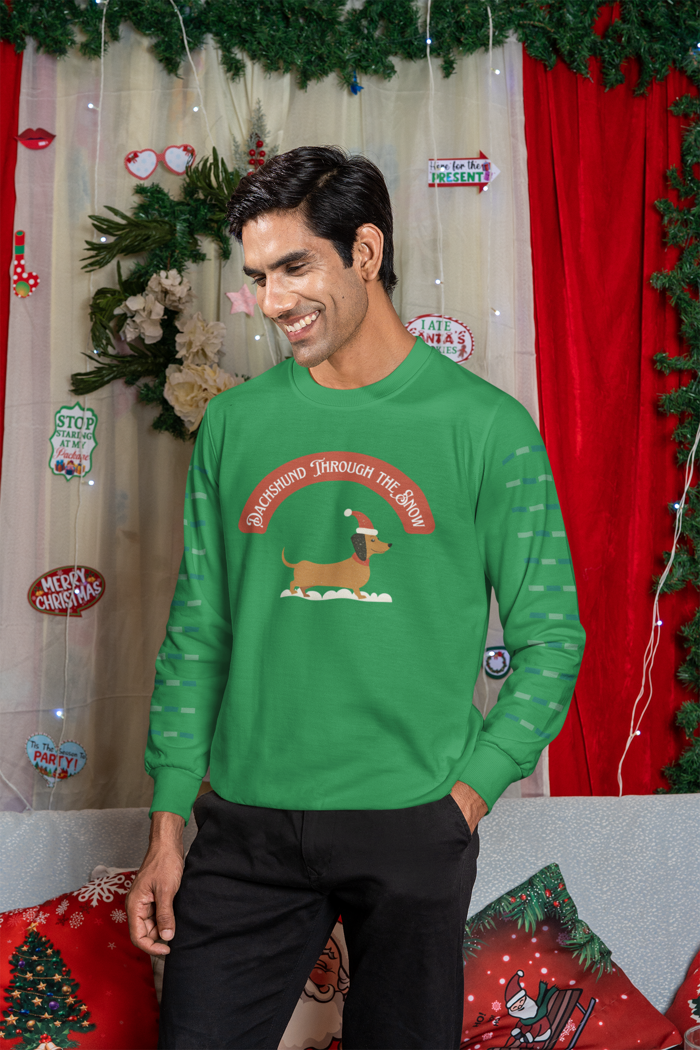 Dachshund Through the Snow | Unisex Heavy Blend™ Crewneck Sweatshirt - Sweatshirt | A quirky, joy-filled design from Have Fun Spread Joy.