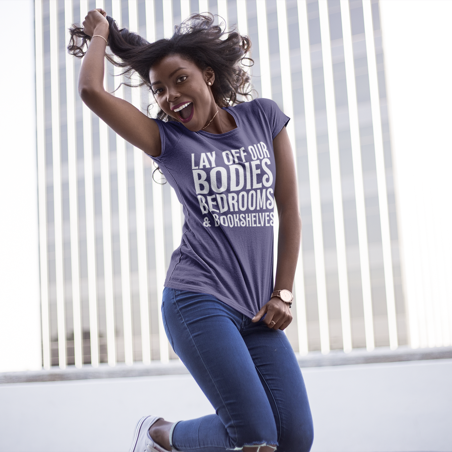 Lay Off Our Bodies, Bedrooms, and Bookshelves – Unisex Tee - T-Shirt | A quirky, joy-filled design from Have Fun Spread Joy.