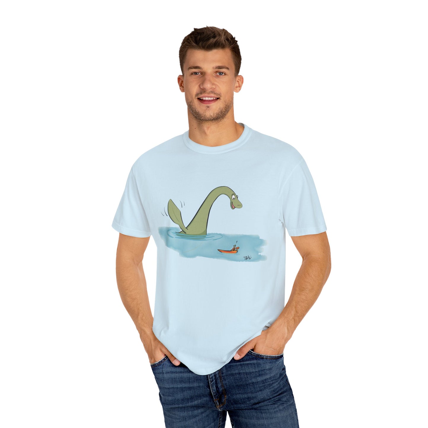 Loch Ness Monster Says Hi Illustrated | Unisex Garment-Dyed T-shirt