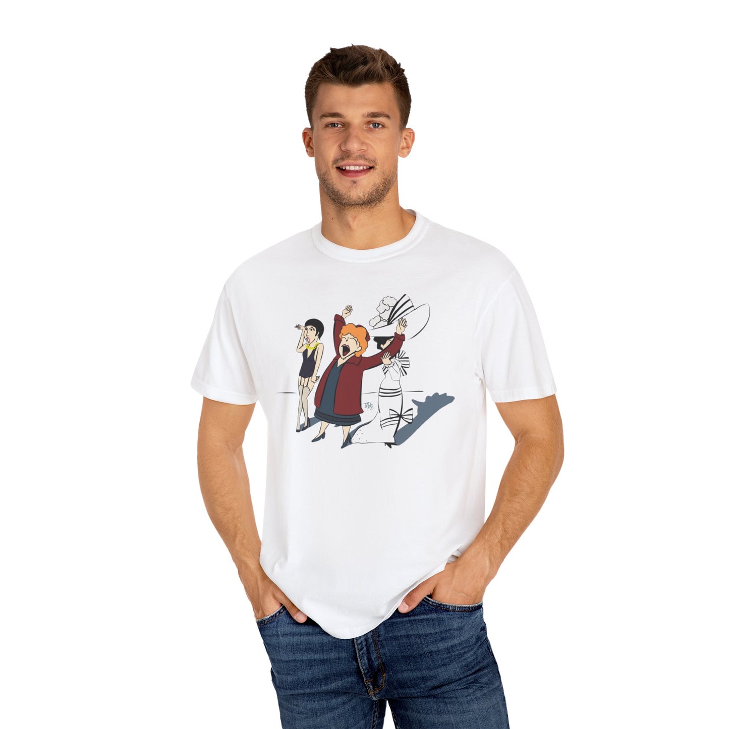 Classic Broadway Divas Illustrated | Unisex Garment-Dyed T-shirt - T-Shirt | A quirky, joy-filled design from Have Fun Spread Joy.