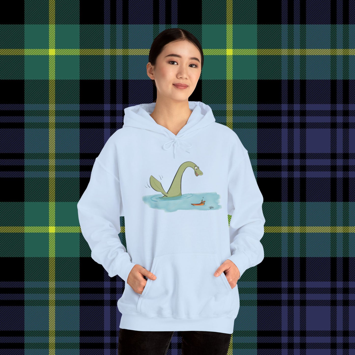 Illustrated Loch Ness Monster Says Hi | Unisex Heavy Blend™ Hooded Sweatshirt - Hoodie | A quirky, joy-filled design from Have Fun Spread Joy.