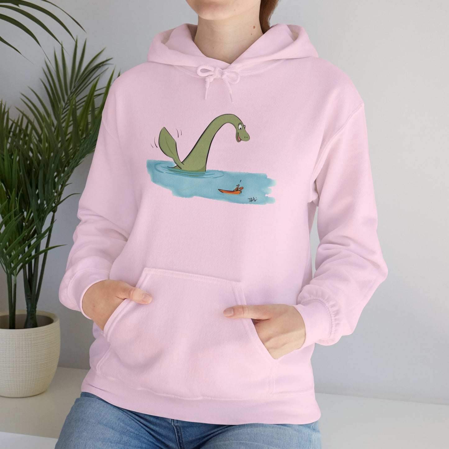 Illustrated Loch Ness Monster Says Hi | Unisex Heavy Blend™ Hooded Sweatshirt - Hoodie | A quirky, joy-filled design from Have Fun Spread Joy.
