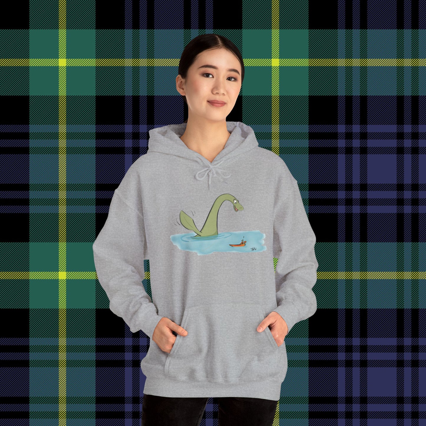 Illustrated Loch Ness Monster Says Hi | Unisex Heavy Blend™ Hooded Sweatshirt - Hoodie | A quirky, joy-filled design from Have Fun Spread Joy.