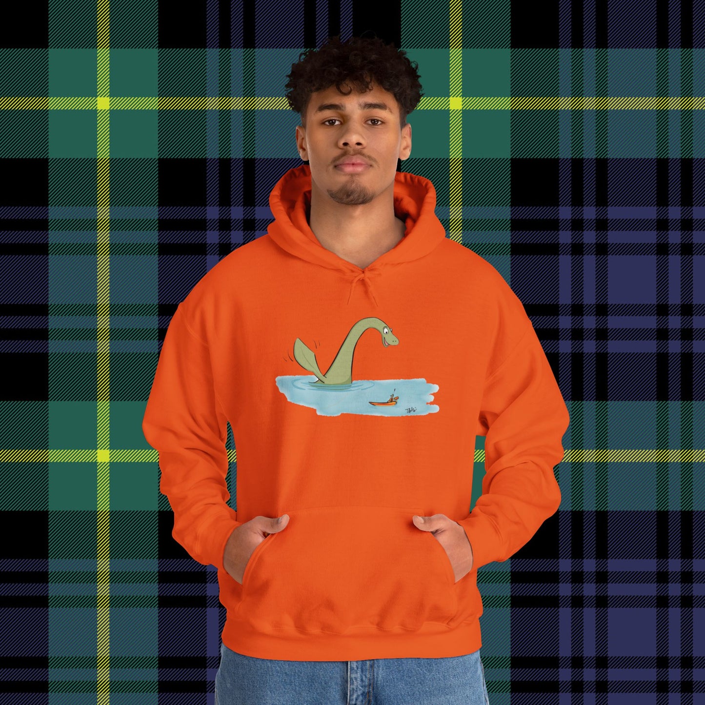 Illustrated Loch Ness Monster Says Hi | Unisex Heavy Blend™ Hooded Sweatshirt - Hoodie | A quirky, joy-filled design from Have Fun Spread Joy.