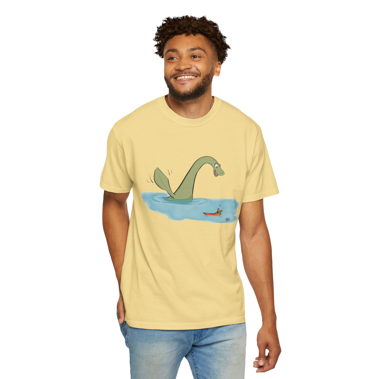 Loch Ness Monster Says Hi Illustrated | Unisex Garment-Dyed T-shirt