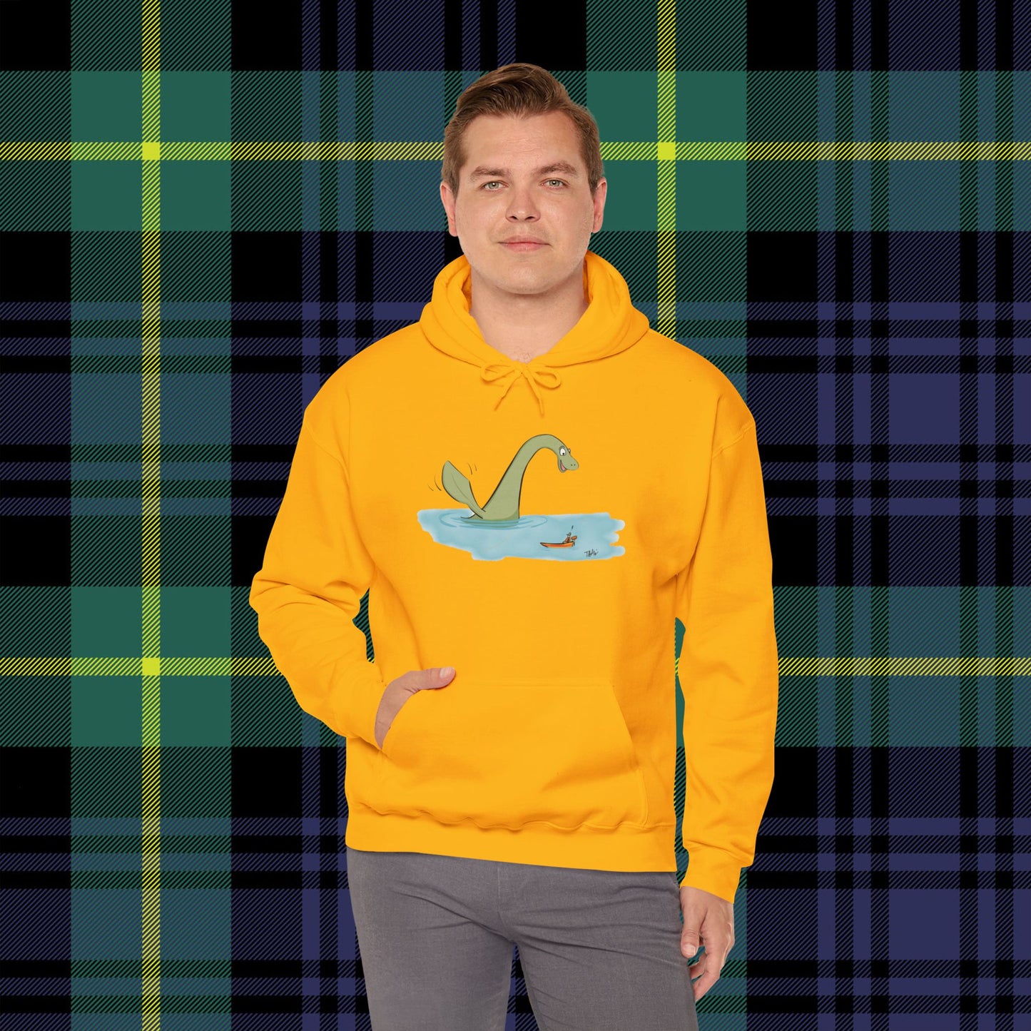 Illustrated Loch Ness Monster Says Hi | Unisex Heavy Blend™ Hooded Sweatshirt - Hoodie | A quirky, joy-filled design from Have Fun Spread Joy.
