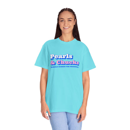 Pearls & Chucks | Kamala Harris for President (Unisex Garment-Dyed T-shirt) - T-Shirt | A quirky, joy-filled design from Have Fun Spread Joy.