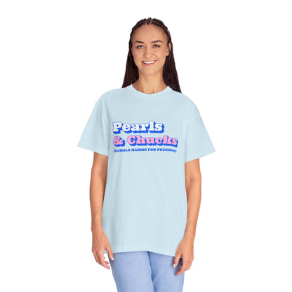 Pearls & Chucks | Kamala Harris for President (Unisex Garment-Dyed T-shirt) - T-Shirt | A quirky, joy-filled design from Have Fun Spread Joy.
