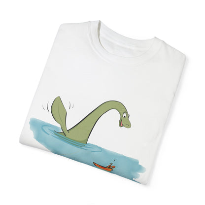 Loch Ness Monster Says Hi Illustrated | Unisex Garment-Dyed T-shirt - T-Shirt | A quirky, joy-filled design from Have Fun Spread Joy.