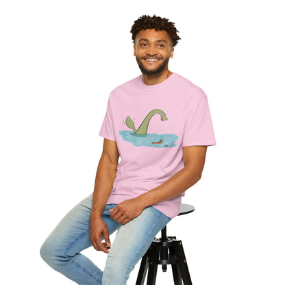 Loch Ness Monster Says Hi Illustrated | Unisex Garment-Dyed T-shirt - T-Shirt | A quirky, joy-filled design from Have Fun Spread Joy.