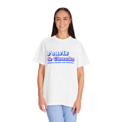 Pearls & Chucks | Kamala Harris for President (Unisex Garment-Dyed T-shirt) - T-Shirt | A quirky, joy-filled design from Have Fun Spread Joy.