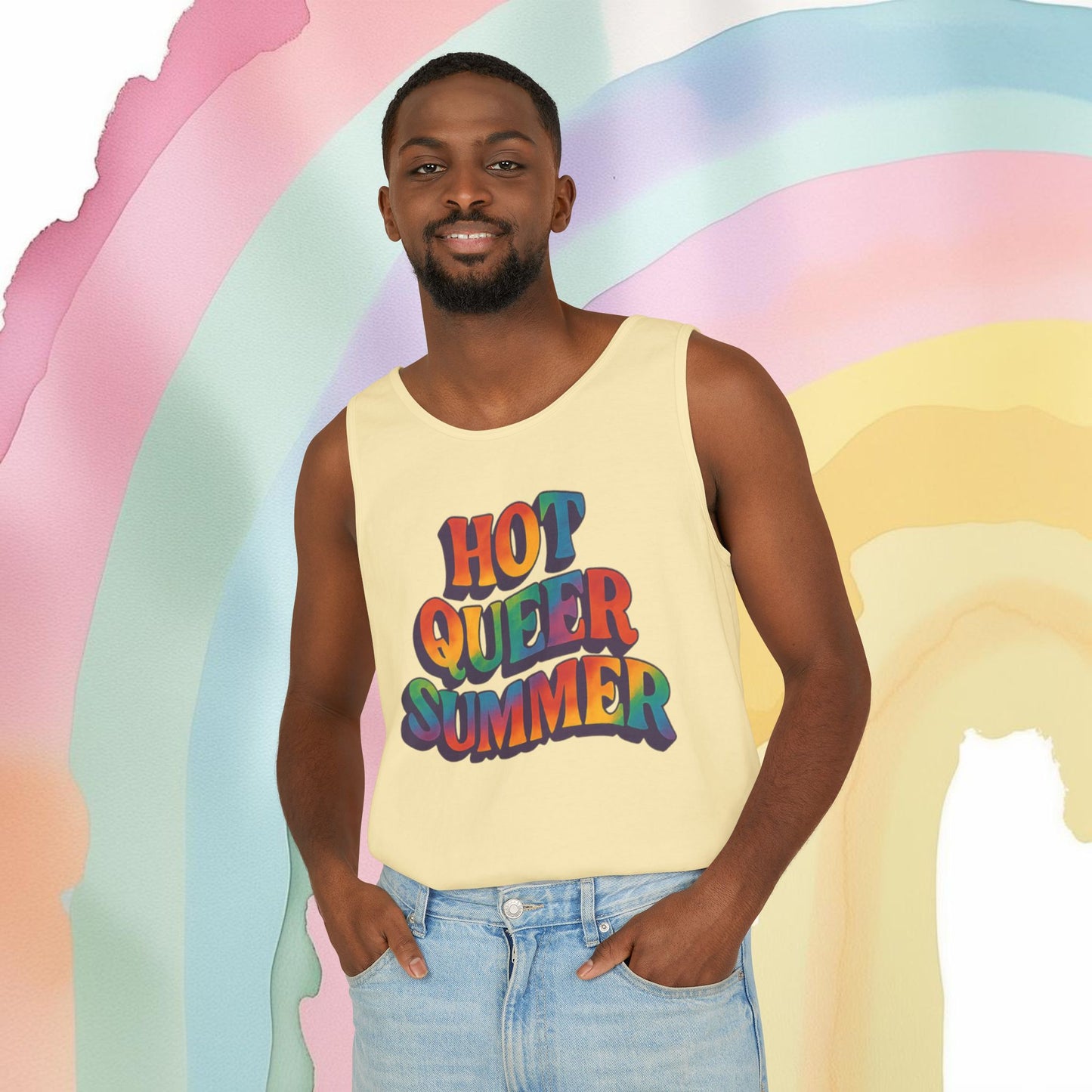 Hot Queer Summer Unisex Tank Top – LGBTQ+ Pride Clothing - Tank Top | A quirky, joy-filled design from Have Fun Spread Joy.