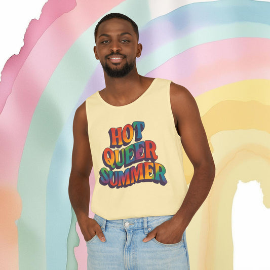 Hot Queer Summer Unisex Tank Top – LGBTQ+ Pride Clothing - Tank Top | A quirky, joy-filled design from Have Fun Spread Joy.