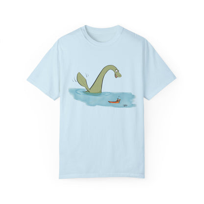 Loch Ness Monster Says Hi Illustrated | Unisex Garment-Dyed T-shirt - T-Shirt | A quirky, joy-filled design from Have Fun Spread Joy.