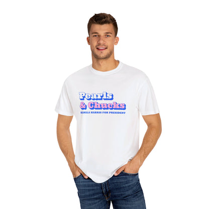 Pearls & Chucks | Kamala Harris for President (Unisex Garment-Dyed T-shirt) - T-Shirt | A quirky, joy-filled design from Have Fun Spread Joy.