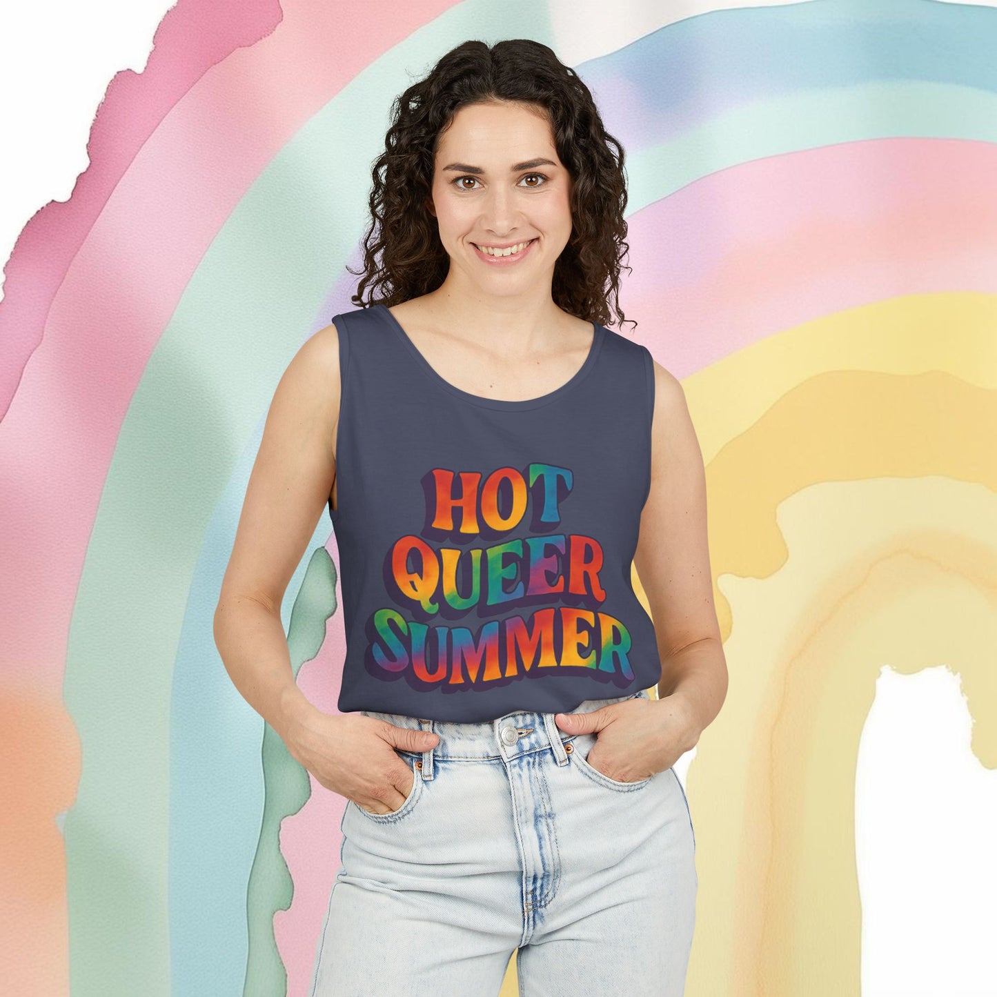 Hot Queer Summer Unisex Tank Top – LGBTQ+ Pride Clothing - Tank Top | A quirky, joy-filled design from Have Fun Spread Joy.