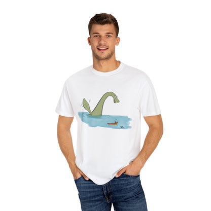Loch Ness Monster Says Hi Illustrated | Unisex Garment-Dyed T-shirt - T-Shirt | A quirky, joy-filled design from Have Fun Spread Joy.
