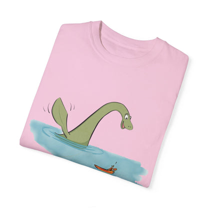 Loch Ness Monster Says Hi Illustrated | Unisex Garment-Dyed T-shirt - T-Shirt | A quirky, joy-filled design from Have Fun Spread Joy.