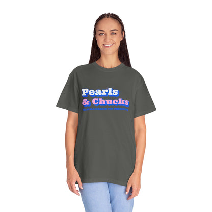 Pearls & Chucks | Kamala Harris for President (Unisex Garment-Dyed T-shirt) - T-Shirt | A quirky, joy-filled design from Have Fun Spread Joy.