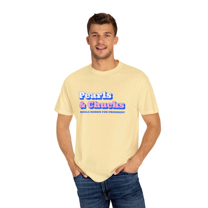 Pearls & Chucks | Kamala Harris for President (Unisex Garment-Dyed T-shirt) - T-Shirt | A quirky, joy-filled design from Have Fun Spread Joy.