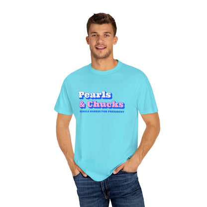 Pearls & Chucks | Kamala Harris for President (Unisex Garment-Dyed T-shirt) - T-Shirt | A quirky, joy-filled design from Have Fun Spread Joy.
