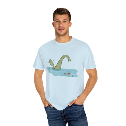 Loch Ness Monster Says Hi Illustrated | Unisex Garment-Dyed T-shirt - T-Shirt | A quirky, joy-filled design from Have Fun Spread Joy.