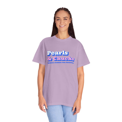 Pearls & Chucks | Kamala Harris for President (Unisex Garment-Dyed T-shirt) - T-Shirt | A quirky, joy-filled design from Have Fun Spread Joy.