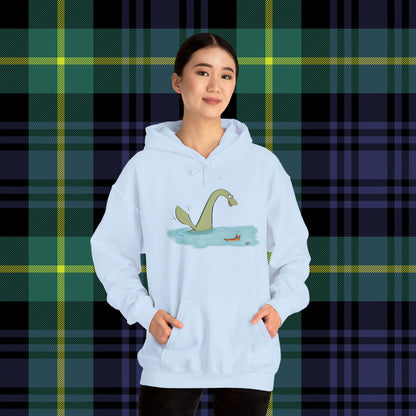 Illustrated Loch Ness Monster Says Hi | Unisex Heavy Blend™ Hooded Sweatshirt - Hoodie | A quirky, joy-filled design from Have Fun Spread Joy.