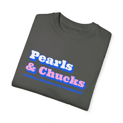 Pearls & Chucks | Kamala Harris for President (Unisex Garment-Dyed T-shirt) - T-Shirt | A quirky, joy-filled design from Have Fun Spread Joy.