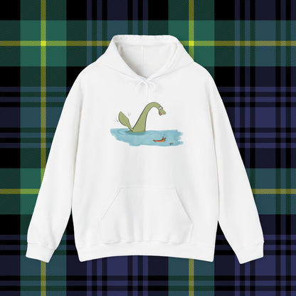 Illustrated Loch Ness Monster Says Hi | Unisex Heavy Blend™ Hooded Sweatshirt - Hoodie | A quirky, joy-filled design from Have Fun Spread Joy.