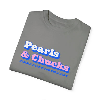 Pearls & Chucks | Kamala Harris for President (Unisex Garment-Dyed T-shirt) - T-Shirt | A quirky, joy-filled design from Have Fun Spread Joy.