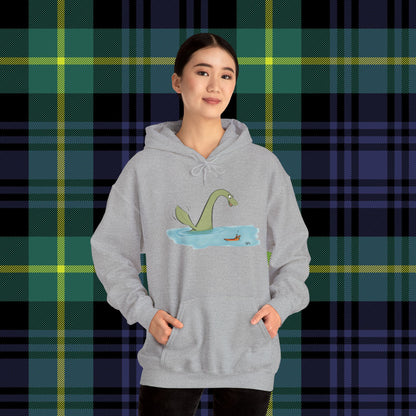 Illustrated Loch Ness Monster Says Hi | Unisex Heavy Blend™ Hooded Sweatshirt - Hoodie | A quirky, joy-filled design from Have Fun Spread Joy.