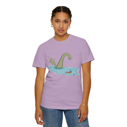 Loch Ness Monster Says Hi Illustrated | Unisex Garment-Dyed T-shirt - T-Shirt | A quirky, joy-filled design from Have Fun Spread Joy.