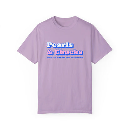 Pearls & Chucks | Kamala Harris for President (Unisex Garment-Dyed T-shirt) - T-Shirt | A quirky, joy-filled design from Have Fun Spread Joy.