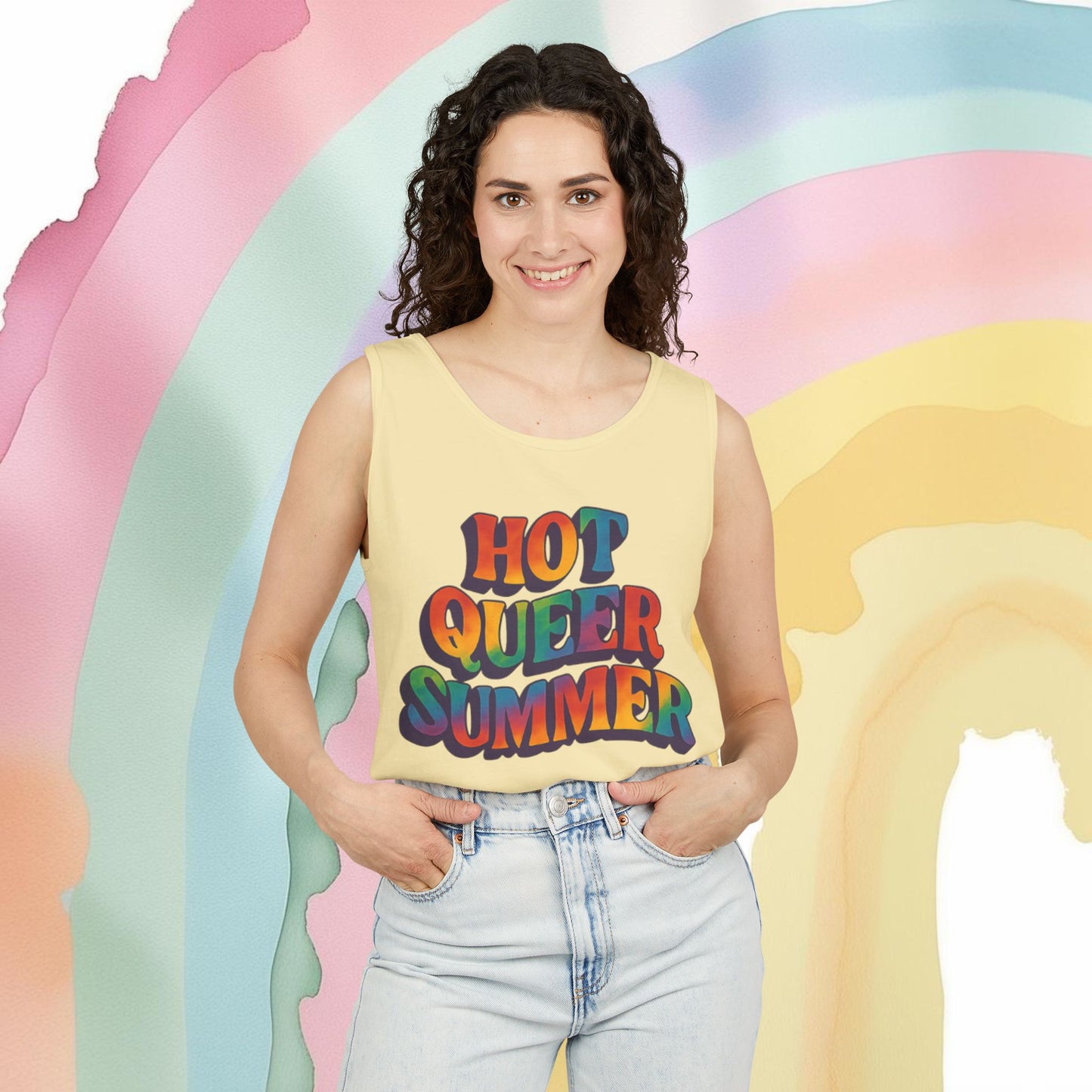 Hot Queer Summer Unisex Tank Top – LGBTQ+ Pride Clothing - Tank Top | A quirky, joy-filled design from Have Fun Spread Joy.