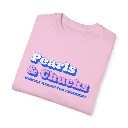 Pearls & Chucks | Kamala Harris for President (Unisex Garment-Dyed T-shirt) - T-Shirt | A quirky, joy-filled design from Have Fun Spread Joy.