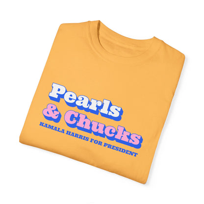 Pearls & Chucks | Kamala Harris for President (Unisex Garment-Dyed T-shirt) - T-Shirt | A quirky, joy-filled design from Have Fun Spread Joy.