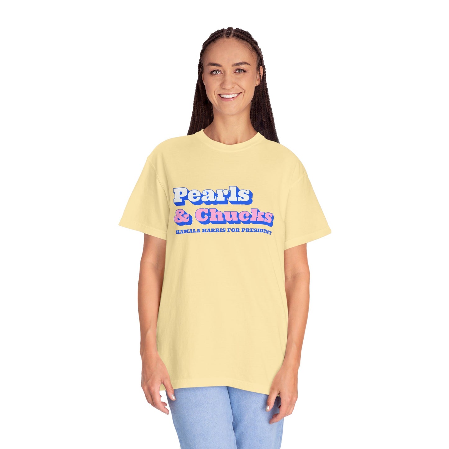 Pearls & Chucks | Kamala Harris for President (Unisex Garment-Dyed T-shirt)