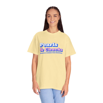 Pearls & Chucks | Kamala Harris for President (Unisex Garment-Dyed T-shirt) - T-Shirt | A quirky, joy-filled design from Have Fun Spread Joy.
